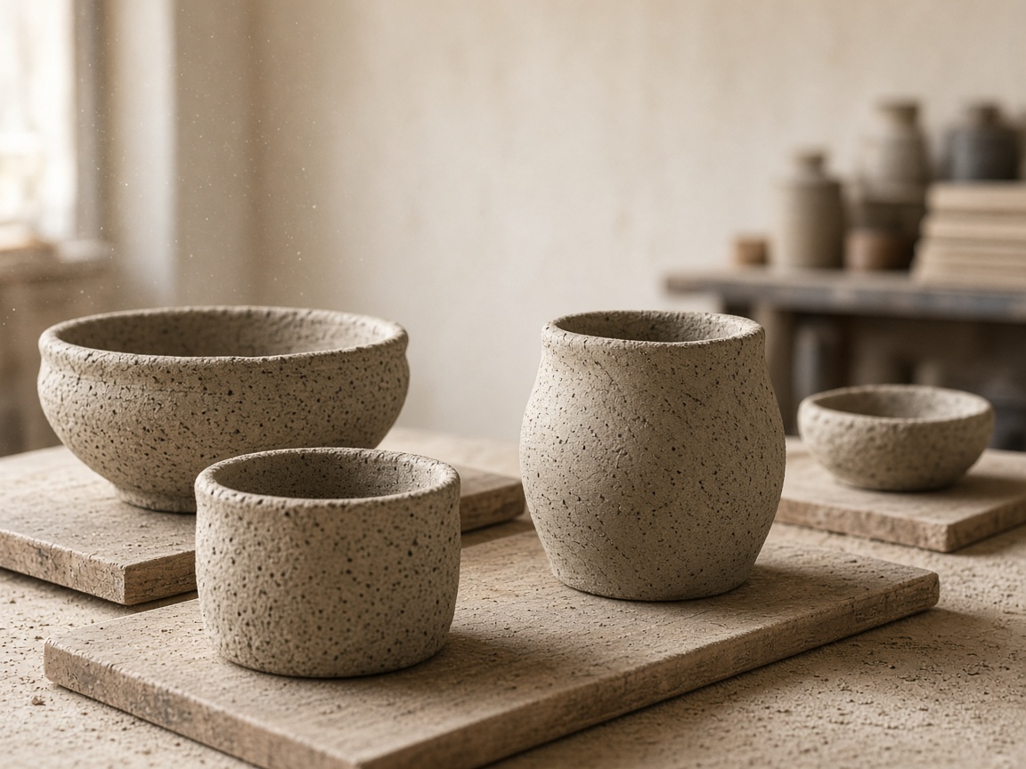 Speckled stoneware drying on wooden boards in a pottery studio
